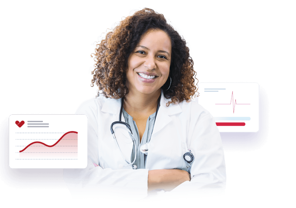 Confident female doctor in a white coat with a stethoscope, smiling with arms crossed
